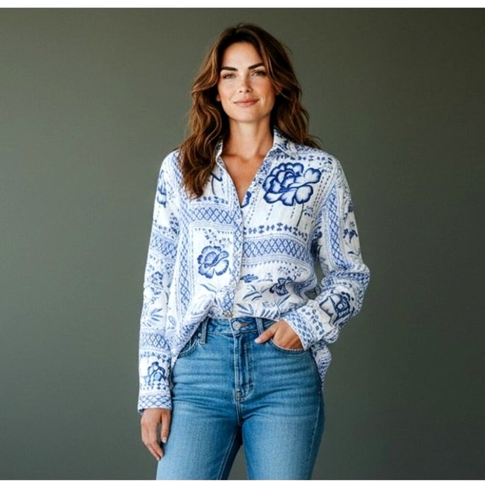 Halston 100% Linen Blue White Floral Print Button Front Tunic Shirt Blouse M